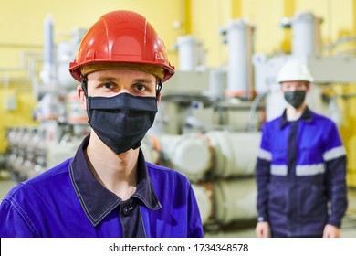 Industrial Worker Portrait In Mask At Power Energy Supply Factory