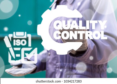 Industrial Worker Using Virtual Interface Offers Checklist ISO Icon And Presses Button Quality Control Gear. Quality Control Industrial Concept. ISO Standardization Manufacturing. Industry Standards.