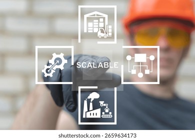 Industrial worker using virtual touch screen push the text: SCALABLE. Scalable Industry Business Concept. Scalability Adaptability Production Resize Management.