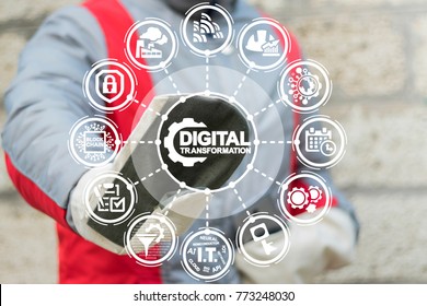Industrial worker using virtual touchscreen presses cogwheel digital transformation text button. Binary Digital Transformation Computing Modern Integrated Development Industry 4.0 Project concept.
