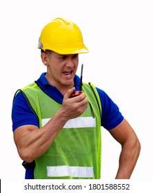 Industrial Worker Using Walkie Talkie Isolated On White Background.