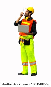 Industrial Worker Using Walkie Talkie Isolated On White Background.