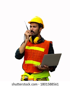 Industrial Worker Using Walkie Talkie Isolated On White Background.