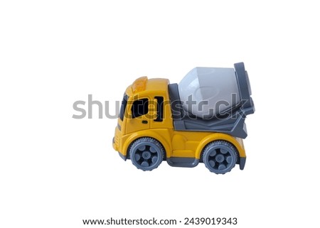 Industrial yellow cement mixer truck toy, plaything for kid learning about construction site work and logistic work, isolated on white background