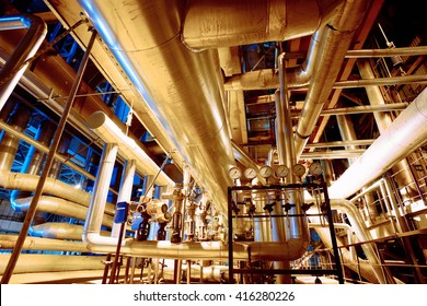 Industrial zone, Steel pipelines, valves, cables and walkways      