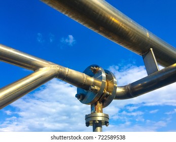 Industrial Zone, Steel Pipelines , Valves And Flange Against Blue Sky