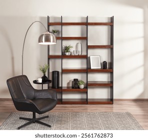 Industrial-chic reading corner with a black swivel accent chair, tall open bookshelf with walnut shelves, and a sleek metal arc floor lamp, set on warm wood flooring for a stylish interior vibe. - Powered by Shutterstock