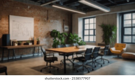 Industrial-style meeting room with brick walls, plants, and modern furnishings. Cozy workspace perfect for creative brainstorming sessions - Powered by Shutterstock