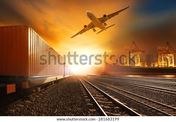 industries container trains running on\
railways track and commercial ship in port cargo plane flying above\
 use for land and vessel transport  ,logistic\
business