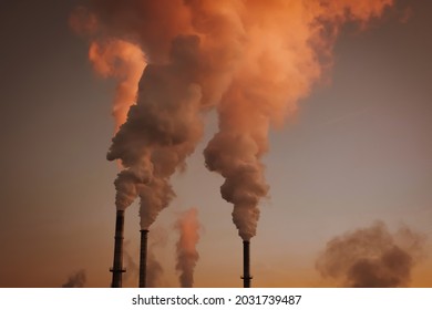 industries high smokestacks with smoke emission. Industrial factory pollution, smokestack exhaust gases. factory smokestack