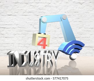 Industry 4.0 concept. 3D robot arm with wifi sign and text of industry 4.0.