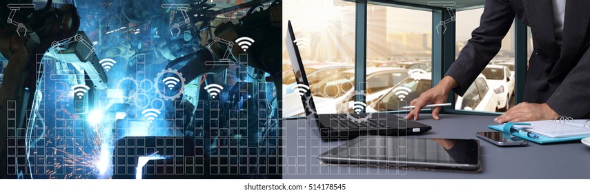 Industry 4.0 Concept .Industry Graphic Sign And Blue Tone Of Automate Wireless Robot Arm In Automotive Industry Production