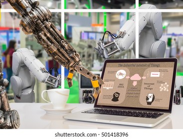 Industry 4.0 Concept Image. Robot Arm Point To The Industrial Internet Of Things Process Diagram On The Laptop Screen And  Robot Arm In The Factory.