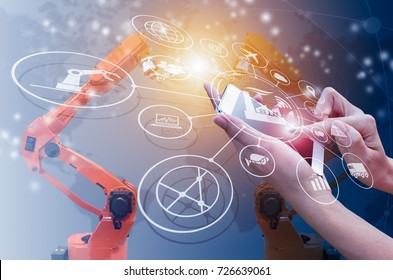 Industry 4.0 Concept, Intelligent Factory With Control Over The Internet. Use Smartphone To Check Status And Order, With Icon Flow Automation And Data Exchange In Manufacturing Technologies.