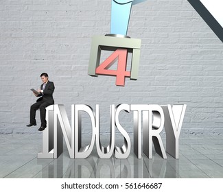 Industry 4.0 concept. Man sitting on 3D text of industry 4.0, using tablet to control robot arm.