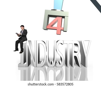 Industry 4.0 concept. Man sitting on 3D text of industry 4.0, using tablet to control robot arm, isolated on white.