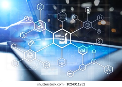 Industry 4.0 concept, smart factory structure with icons. Flow automation and data exchange. Modern manufacturing technologies. - Shutterstock ID 1024011232