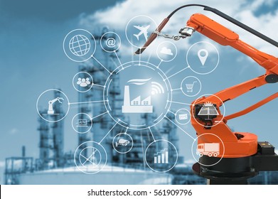 Industry 4.0 concept, smart factory with icon flow automation and data exchange in manufacturing technologies.