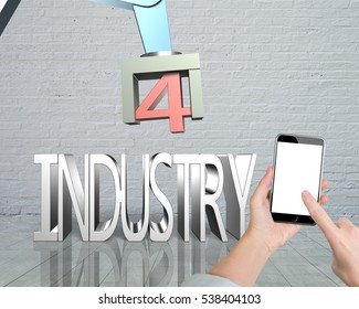 Industry 4.0 concept. Woman hand holding smart phone to control 3D robot arm and text of industry 4.0