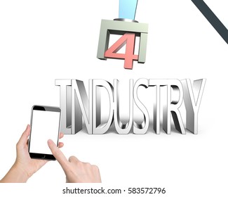 Industry 4.0 concept. Woman hand holding smart phone to control 3D robot arm and text of industry 4.0, isolated on white background.