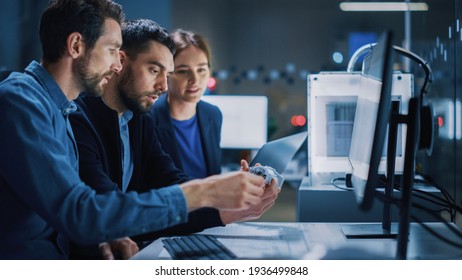 Industry 4.0 Modern Factory: Team of Innovative Industrial Engineers Use Computer and 3D Printer to Build Complex Component. Group of Scientists Use High-Tech Machinery for Futuristic Design - Powered by Shutterstock