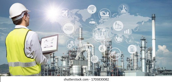 Industrie 4.0 der Öl- und Gasraffination Prozess der Raffinerie, Doppelexposition der Ingenieurarbeit, Industrielle Energie-System-Icons Konzept.