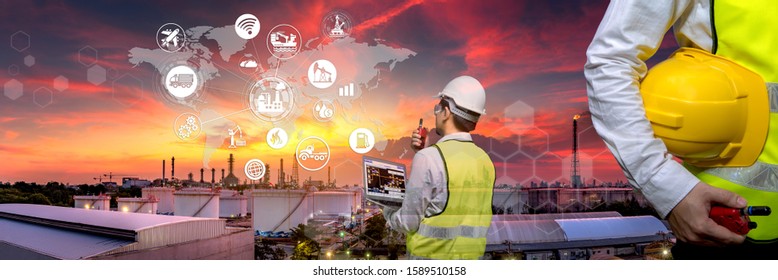 Industry 4.0 Oil refinery and double exposure icon concepts, networking and data exchange and modern technology for the world industrail.