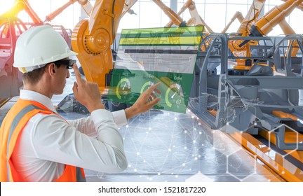 Industry 4.0 Robot Concept .Engineers Are Using Virtual AR To Maintain And Check The Work Of Human Robot In The 4.0 Smart Factory.Mix 3d Rendering