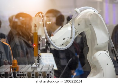 Industry 4.0 Robot concept .The robot arm is working smartly in the production department, the future factory.