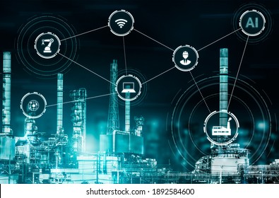 Industry 4.0 technology concept - Smart factory for fourth industrial revolution with icon graphic showing automation system by using robots and automated machinery controlled via internet network .