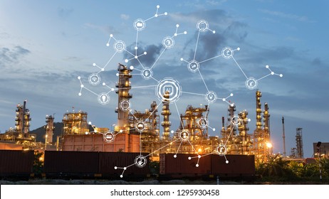 Industry AI System Concept.Oil Refinery With Cyber And Physical System Icons