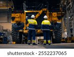 Industry big yellow mining truck maintenance. Two engineers control repair of dump car in garage of factory.