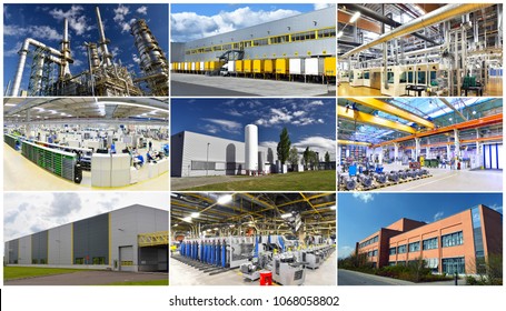 industry buildings inside and outside - collage - manufacturing and production industrial