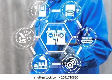 Industry Concept Of Car Battery Production. Maintenance Service And Charging Rechargeable Accumulator.