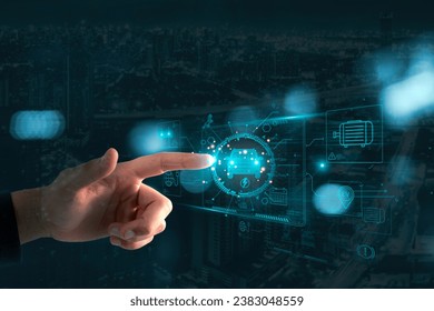 Industry concept for electric car technology: a virtual graphic touch user interface with a blurring city background on a screen in the future. - Powered by Shutterstock