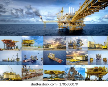 Industry Concept Image. Manufacturing Of Oil And Gas Rig And Installation Offshore. Resource Exploration Or Oil Field Very Important For A Global Fuel Energy Industrial.