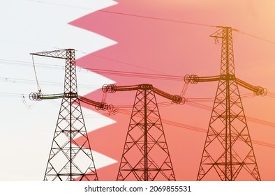 Industry And Energy Concept. Double Exposure - Power Line, Tower And Flag Qatar