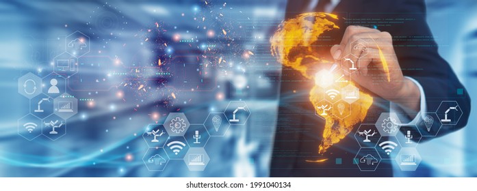 Industry engineer manager in factory,using visual screen interface ,control automated robot arm machine learning operation,concept business,industry 4.0,Artificial intelligence or AI,with 5G network