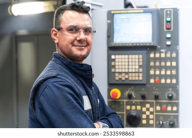 Industry engineer worker wearing safety uniform control operating computer controlled Lathe grinding machine working in industry factory is metal manufacturing industry concept. - Powered by Shutterstock