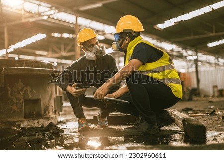 Industry environment impact inspector team work investigate danger chemical oil gas leak with safety face mask Foto stock © 