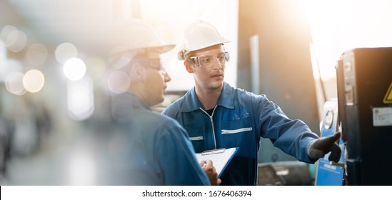 Industry manufacturing men engineer worker skills quality, maintenance, training industry factory worker , warehouse Workshop for factory operators, mechanical engineering team production.  - Shutterstock ID 1676406394