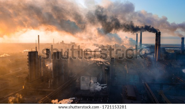 industry metallurgical plant dawn smoke smog\
emissions bad ecology aerial\
photography