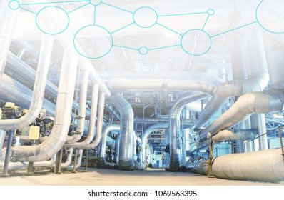 Industry network concept image. industrial piping in the factory with networking icons, smart factory solution