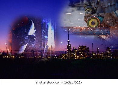 Industry night landscape at twilight time, Welder is welding and worker is cutting steel pipe. - Powered by Shutterstock