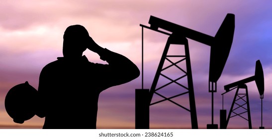 Industry, Oilfield, People And Development Concept - Black Silhouette Of Oil Worker And Pump Jack