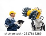 Industry operator use computer for control drilling head of mine roadheader. Concept underground mining of coal and ore