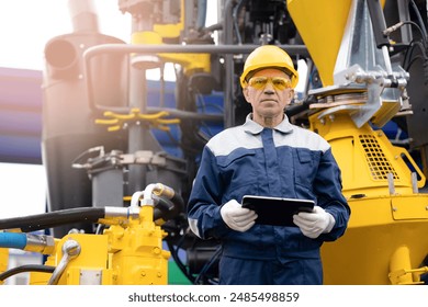 Industry operator use computer tablet for control drilling rig for exploration of minerals for oil, gas and artisan water.