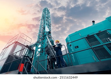 El operador de la industria utiliza la tableta de la computadora para la plataforma de perforación de control en alta mar. Tecnología en exploración industrial de petróleo, minerales, gas y agua artesanal.