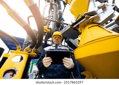 Industry operator use computer tablet for control drilling rig for exploration of minerals for oil, gas and artisan water.