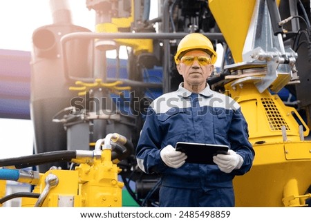 Industry operator use computer tablet for control drilling rig for exploration of minerals for oil, gas and artisan water.